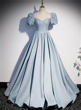 Picture of Blue Satin Long Prom Dresses with Pearls, Blue Short Sleeves A-line Evening Dresses